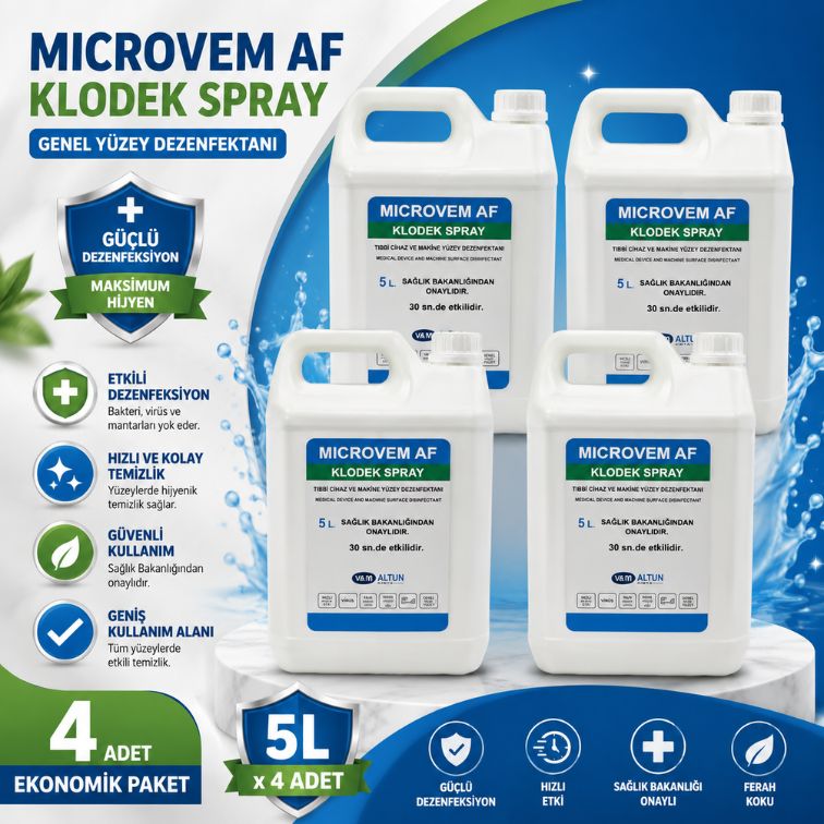 Altun Microvem AF Klodek Spray Tıbbi Cihaz Yüzey Dezenfektanı (5 L × 4 Adet)