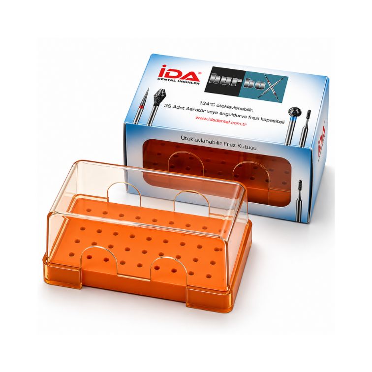İDA BurBox Frez Kutusu (36 Delikli – Otoklavlanabilir Dental Frez Standı)