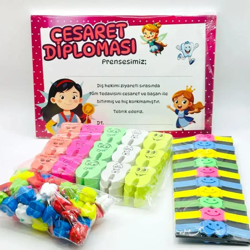 Diş şeklinde (silgi-bileklik-kolye) ve Cesaret diplomasi