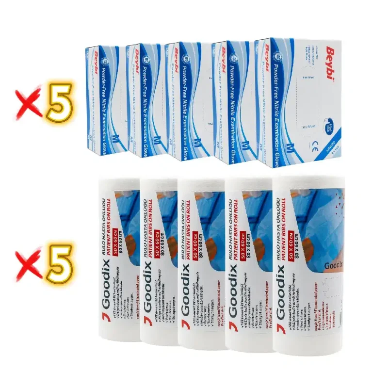 Goodix beyaz Hasta Önlüğü 50×60 cm (5x80 Adet) + mavi nitril eldiven (5x100 Adet)