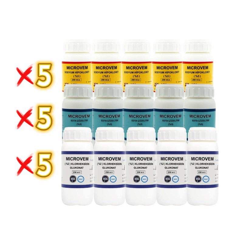Altun Microvem Sodyum Hipoklorit %5 (5x250 ml) + Altun Microvem %5 Edta Çözeltisi (5x250 ml) + Altun Microvem %2 Klorheksidin Glukonat (5x250 ml)