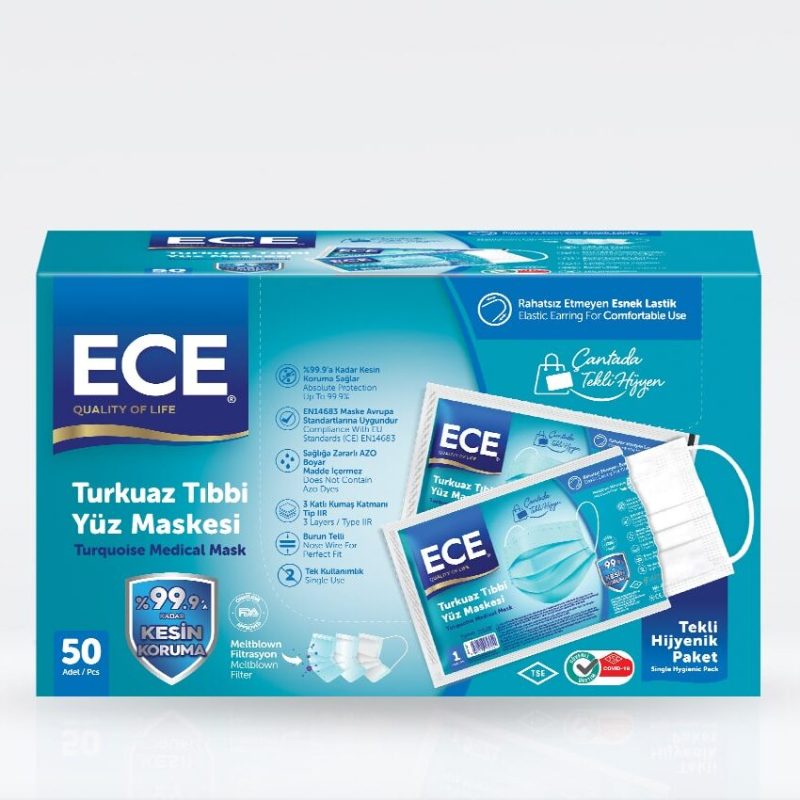 Ece Full Ultrasonik Tekli Paketli Meltblownlu Turkuaz 50'li Maske