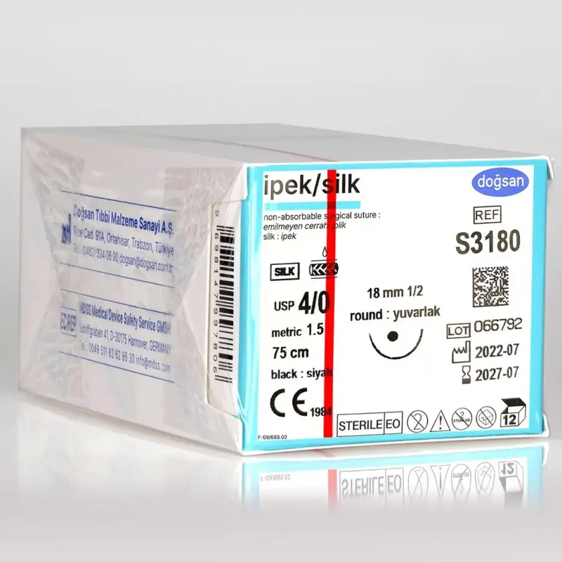 Doğsan İpek 3/0 . 4/0 . 5/0 20 3/8 Keskin 75cm İpek Emilemeyen Sütür 12 Adet (Δ) - 4/0