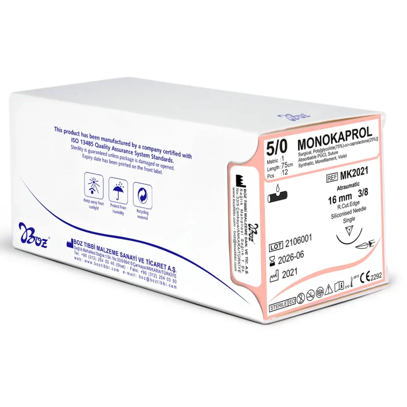 BOZ 3/0- 4/0- 5/0 MONOKAPROL 3/8  KESKİN 75 CM Emilemeyen Sütür 12 Ad./Pkt - 3/0