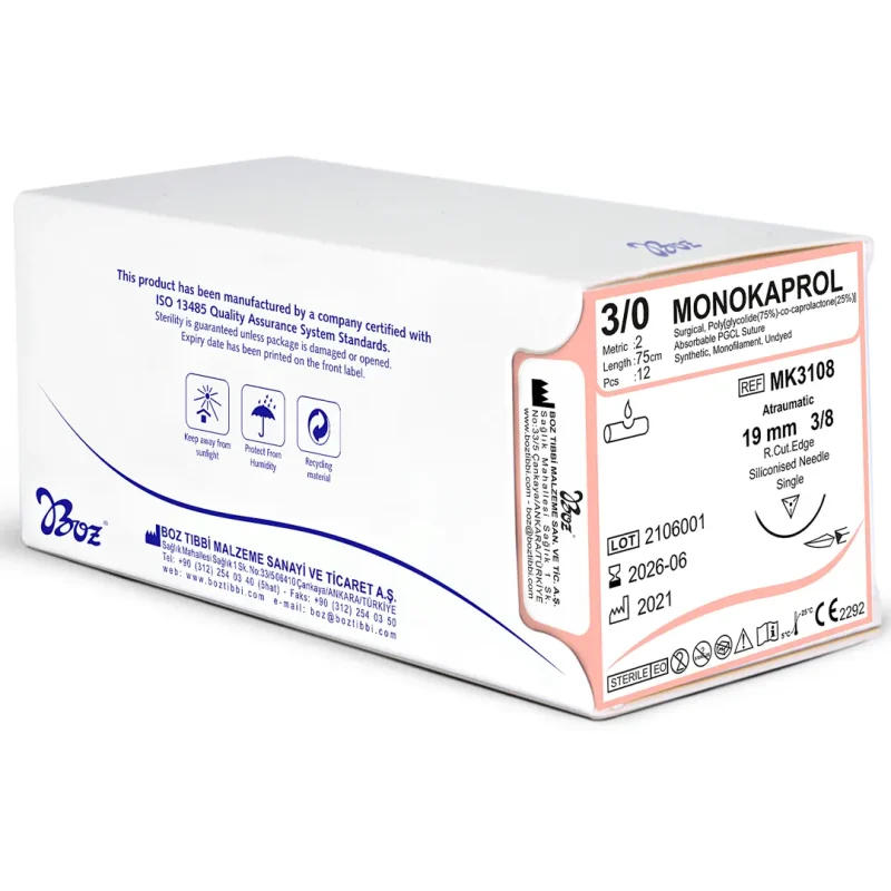 BOZ 3/0- 4/0- 5/0 MONOKAPROL 3/8  KESKİN 75 CM Emilemeyen Sütür 12 Ad./Pkt
