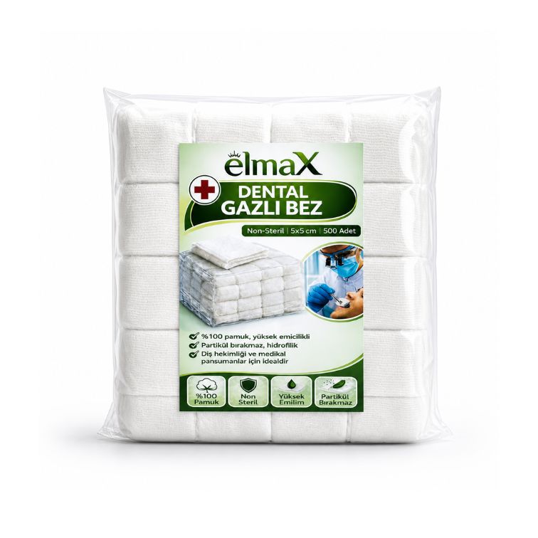 elmaX Dental Gazlı Bez 5×5 cm – 500 Adet (Non-Steril, %100 Pamuk)