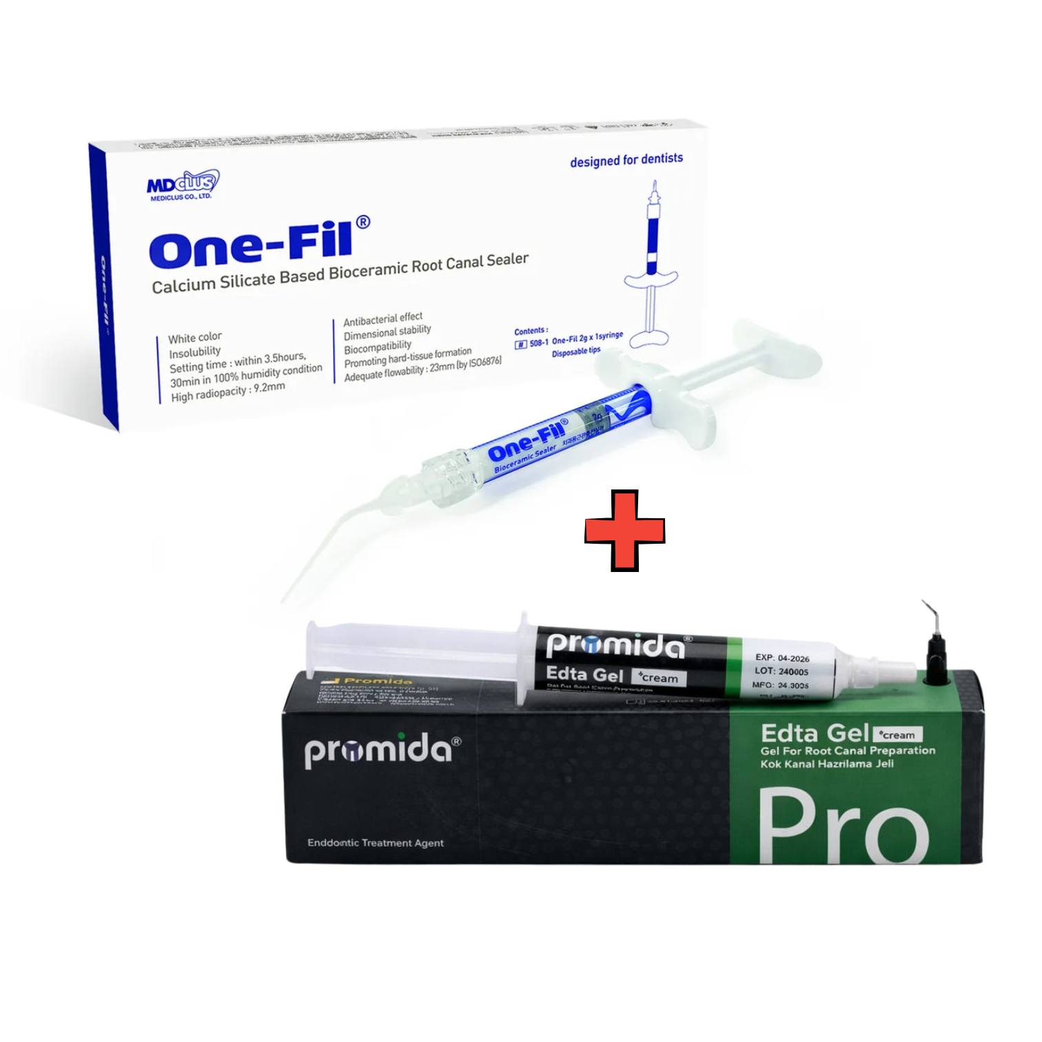 MDCLUS One-Fil Biyoseramik Kanal Dolgu Patı + Promida EDTA Krem Kanal Hazırlama Jeli (9gr x 2) – Endodontik Profesyonel Set
