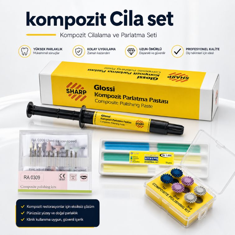Diamond Kompozit Parlatıcı 6'li + Glossi parlatma Pastası + Kompozit Cila Lastik Seti 9'lu + TOR Kompozit Parlatma Zımparası