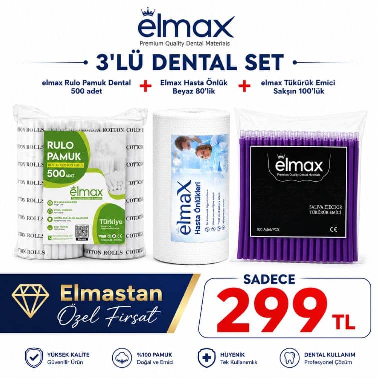 Elmas’tan özel fırsat! Elmax Rulo Pamuk 500 adet + Hasta Önlüğü Beyaz 80’lik + Tükürük Emici Sakşın 100’lük