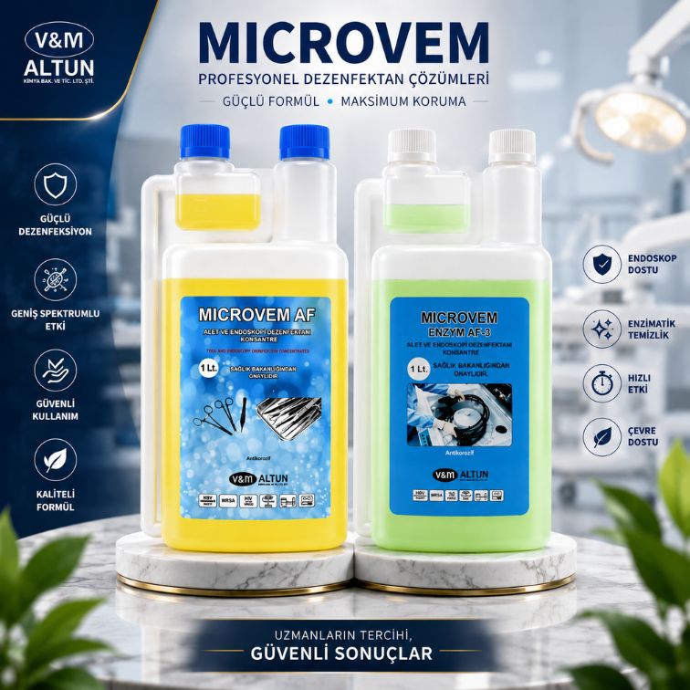Microvem AF Konsantre Dezenfektan Seti (1 Lt + 1 Lt) Alet & Endoskopi Dezenfektanı + Aspiratör Dezenfektanı