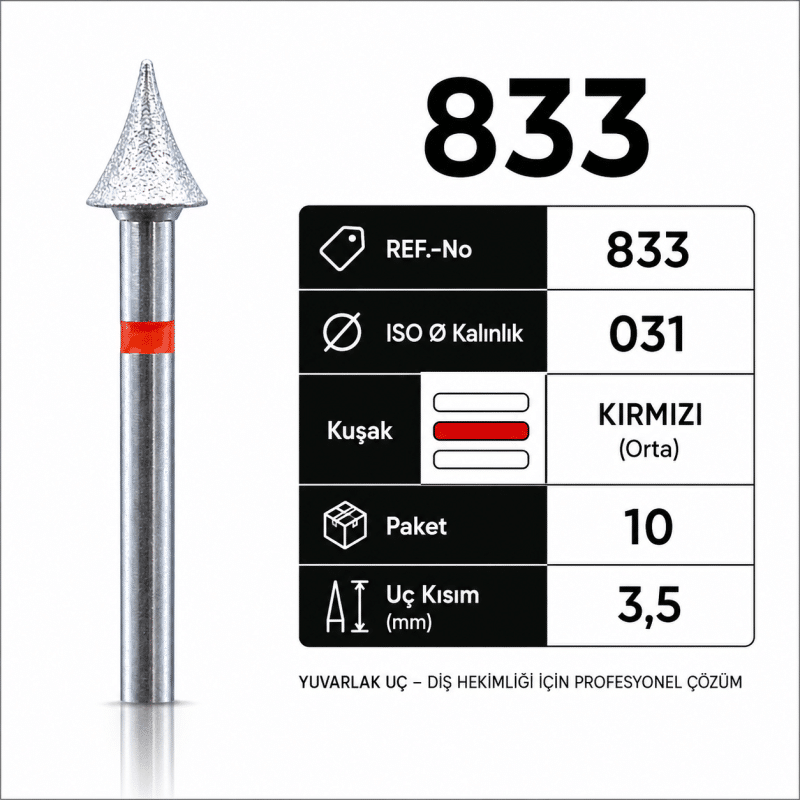 833 Elmas Frez Konik Yuvarlak Uç Dental Preparasyon Frezi
