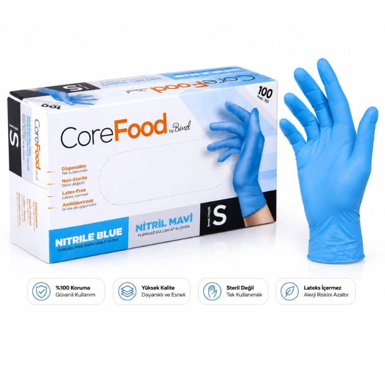 Bimel Corefood Muayene Eldiveni Mavi Nitril Pudrasız Muayene Eldiveni 100’lü