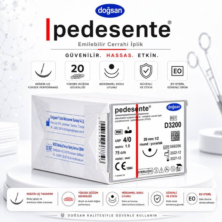 DOĞSAN D3200 Pedesente PDO Emilebilir Cerrahi İplik 4/0 20 mm 1/2 Daire Yuvarlak İğne 75 cm