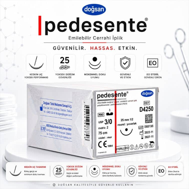 DOĞSAN D4250 Pedesente PDO Emilebilir Cerrahi İplik 3/0 25 mm 1/2 Daire Yuvarlak İğne 75 cm