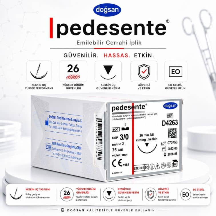 DOĞSAN D4263 Pedesente PDO Emilebilir Cerrahi İplik 3/0 26 mm 3/8 Daire Keskin İğne 75 cm