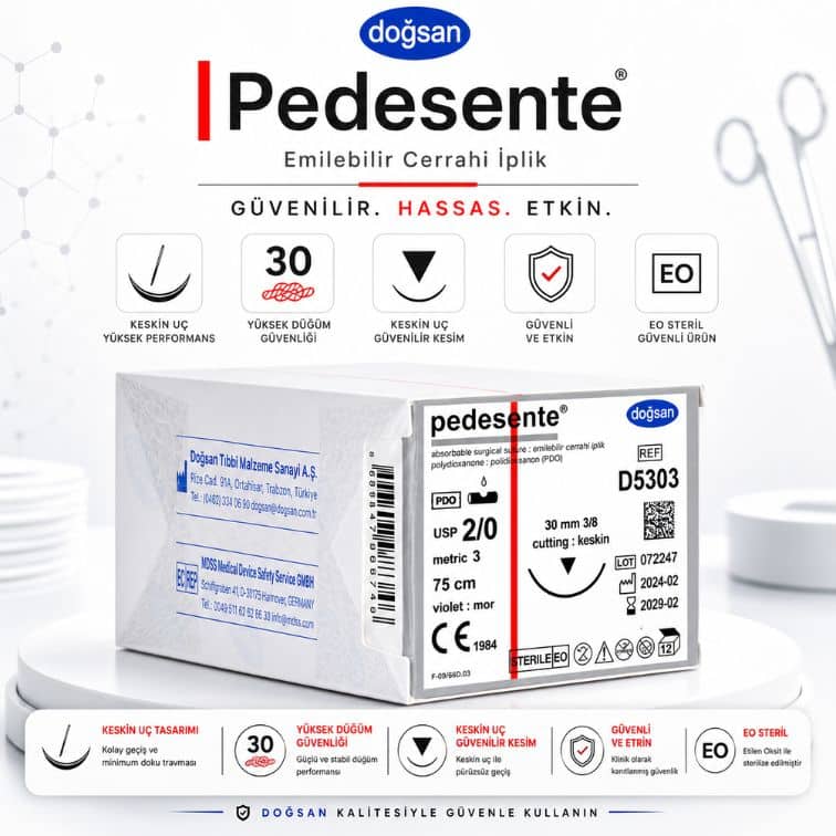 DOĞSAN D5303 Pedesente PDO Emilebilir Cerrahi İplik 2/0 30 mm 3/8 Daire Keskin İğne 75 cm