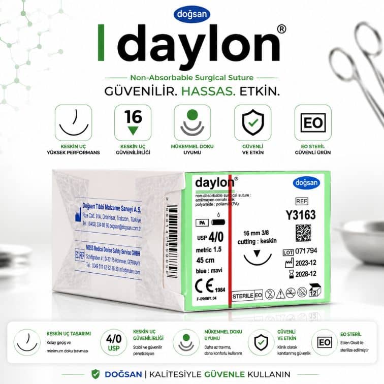 DOĞSAN Daylon® Cerrahi Sütür REF Y3163 – USP 4/0 45 cm 16 mm 3/8 Keskin