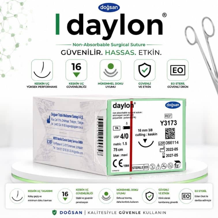 DOĞSAN Daylon® Cerrahi Sütür REF Y3173 – USP 4/0 75 cm 16 mm 3/8 Keskin