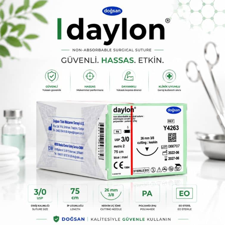 DOĞSAN Daylon® Cerrahi Sütür REF Y4263 – USP 3/0 75 cm 26 mm 3/8 Keskin