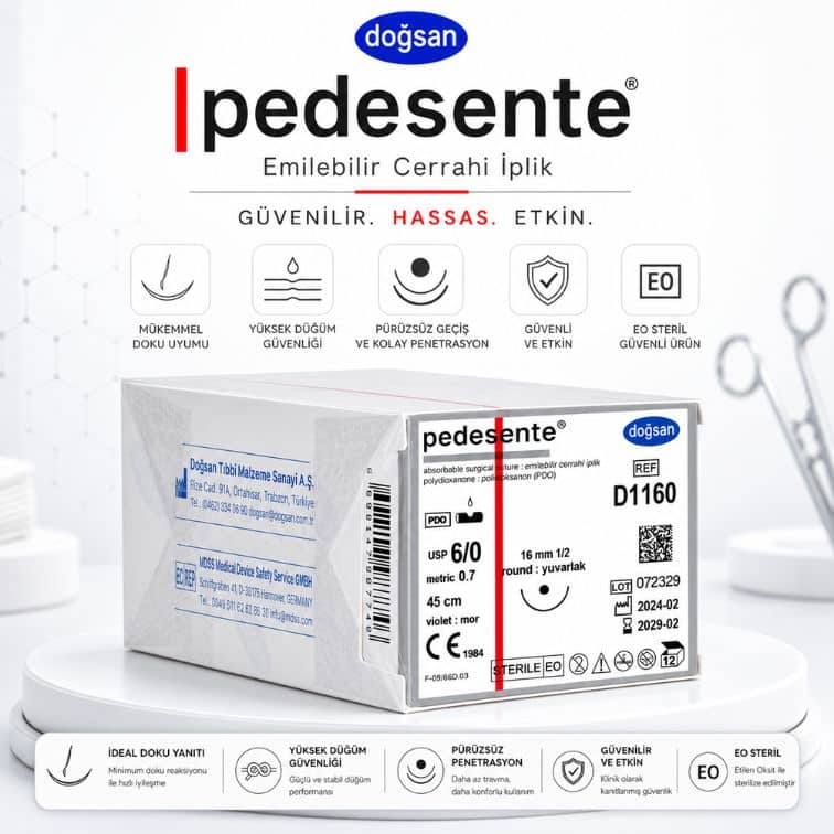 DOĞSAN D1160 Pedesente PDO Emilebilir Cerrahi İplik 6/0 16 mm 1/2 Daire Yuvarlak İğne 45 cm