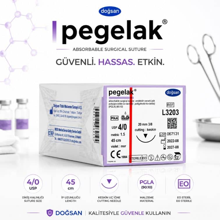 DOĞSAN Pegelak® Cerrahi Sütür REF L3203 – USP 4/0 45 cm 20 mm 3/8 Keskin (Emilebilir)