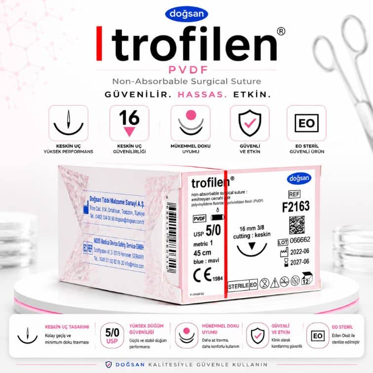 DOĞSAN Trofilen® PVDF Cerrahi Sütür REF F2163 – USP 5/0 45 cm 16 mm 3/8 Keskin