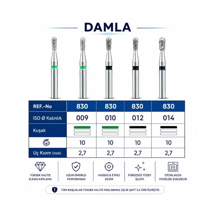 Damla Elmas Frez 830 Serisi Dental Elmas Frez