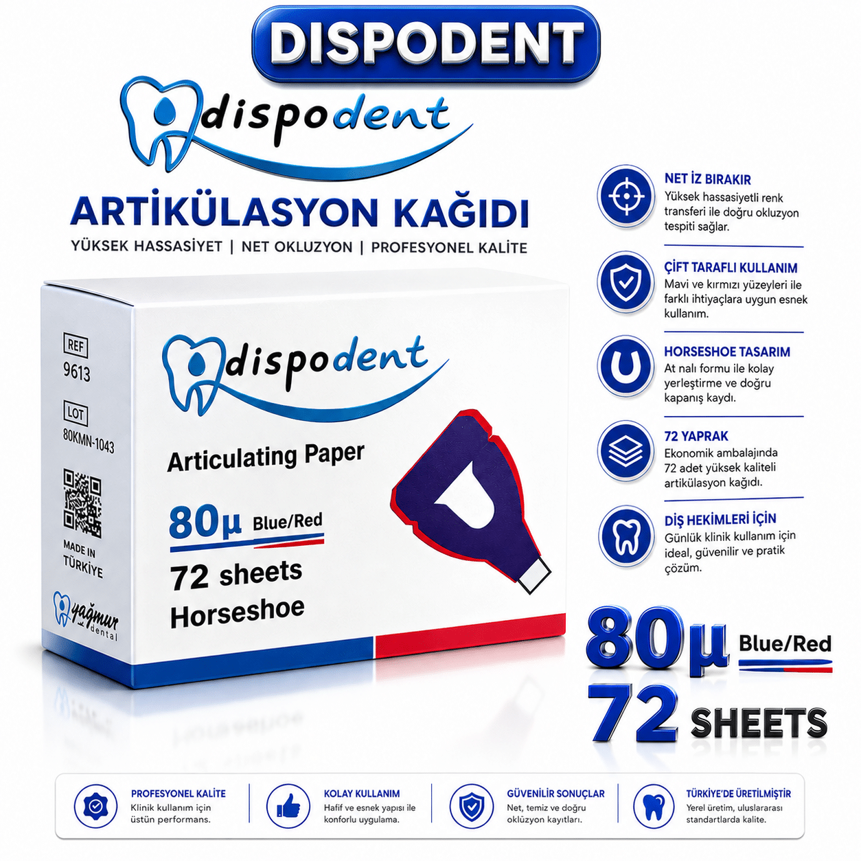 Dispodent Artikülasyon Kağıdı 80µ Blue/Red Horseshoe – 72 Yaprak
