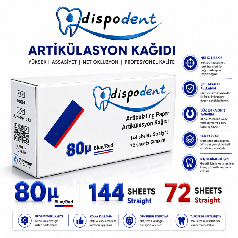 Dispodent Artikülasyon Kağıdı 80µ Blue/Red Straight – 144 Yaprak / 72 Yaprak
