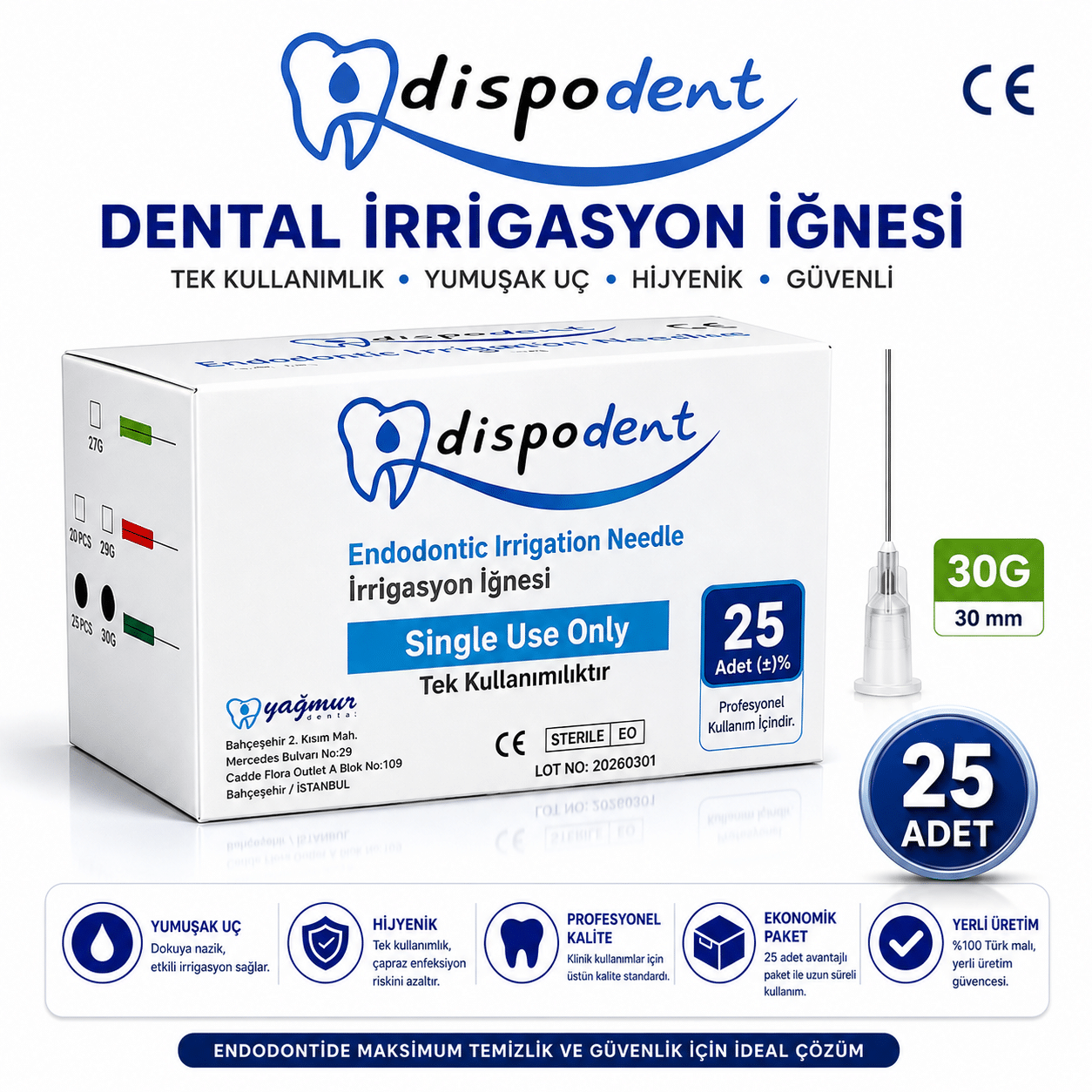 Dispodent Dental İrrigasyon İğnesi 30G – 30 mm (25 Adet)