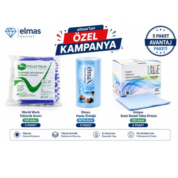 Elmastan Özel Kampanya – World Work Tükürük Emici 5 Paket + Elmax Hasta Önlüğü 5 Paket + Unique Tabla Örtüsü 5 Paket