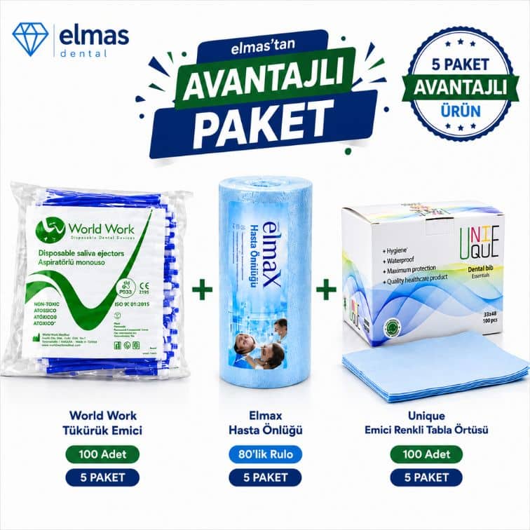 Elmastan Özel Kampanya – World Work Tükürük Emici + Elmax Hasta Önlüğü + Unique Tabla Örtüsü