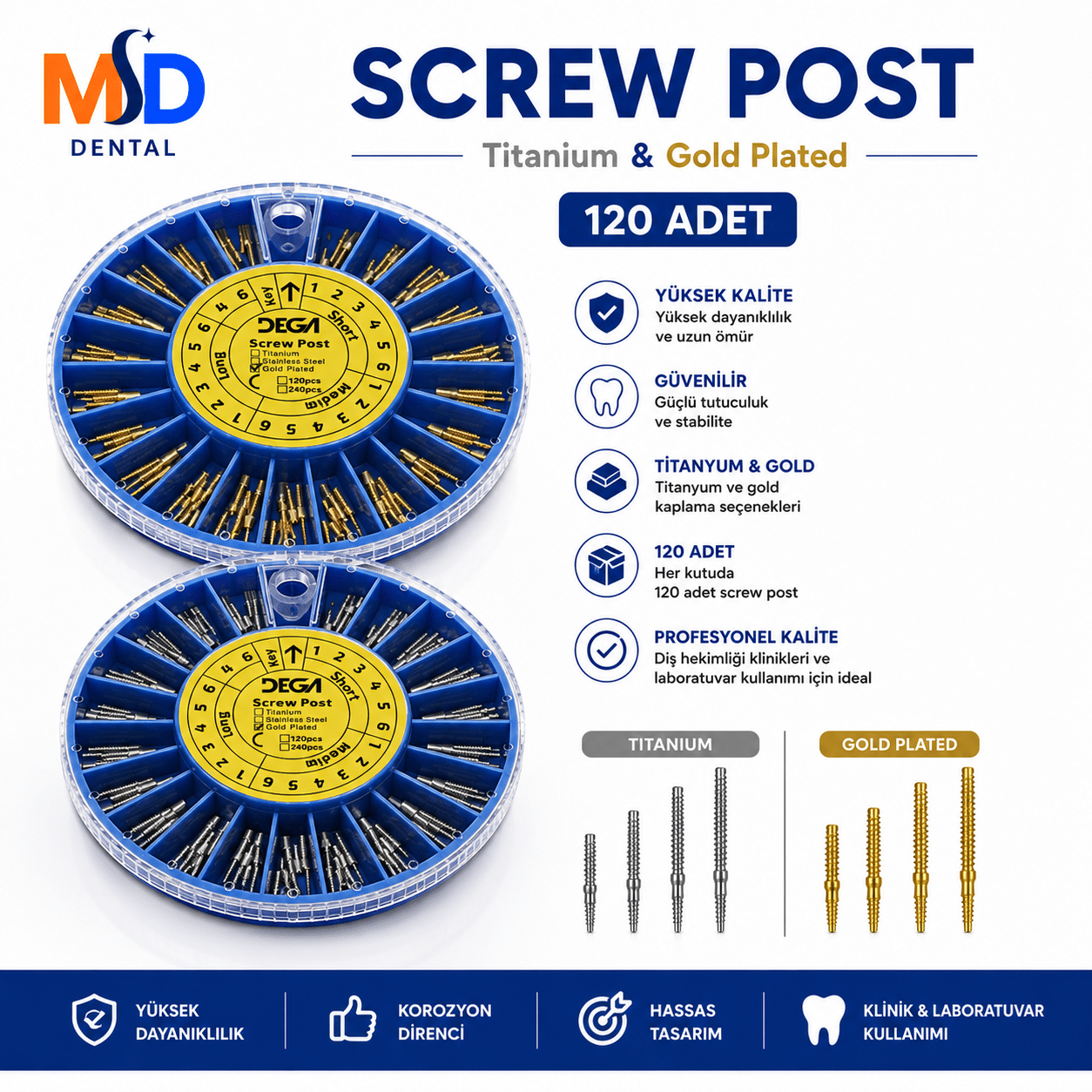 MD Screw Post Titanium & Gold Plated 120 Adet
