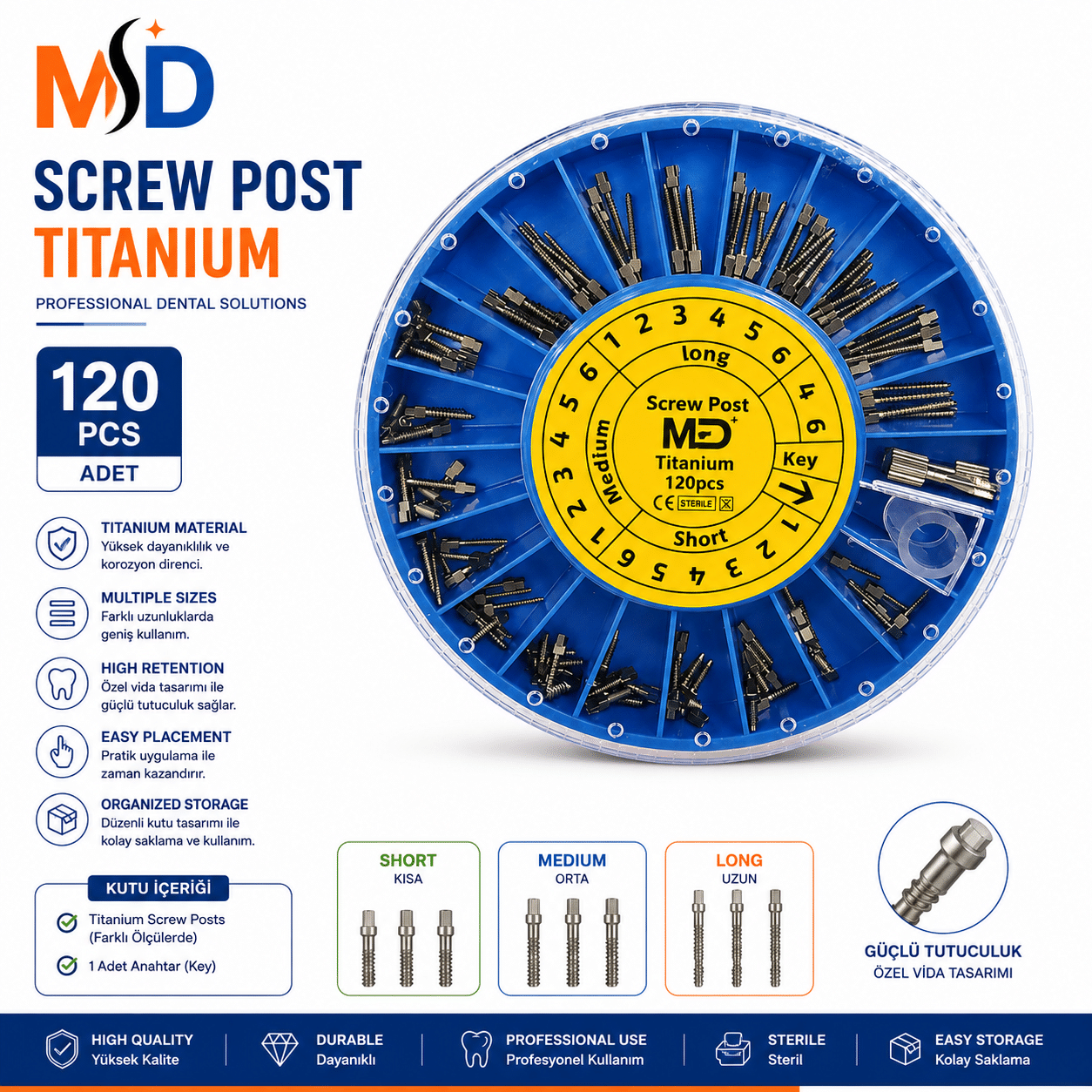 MD Screw Post Titanium Plated 120 Adet
