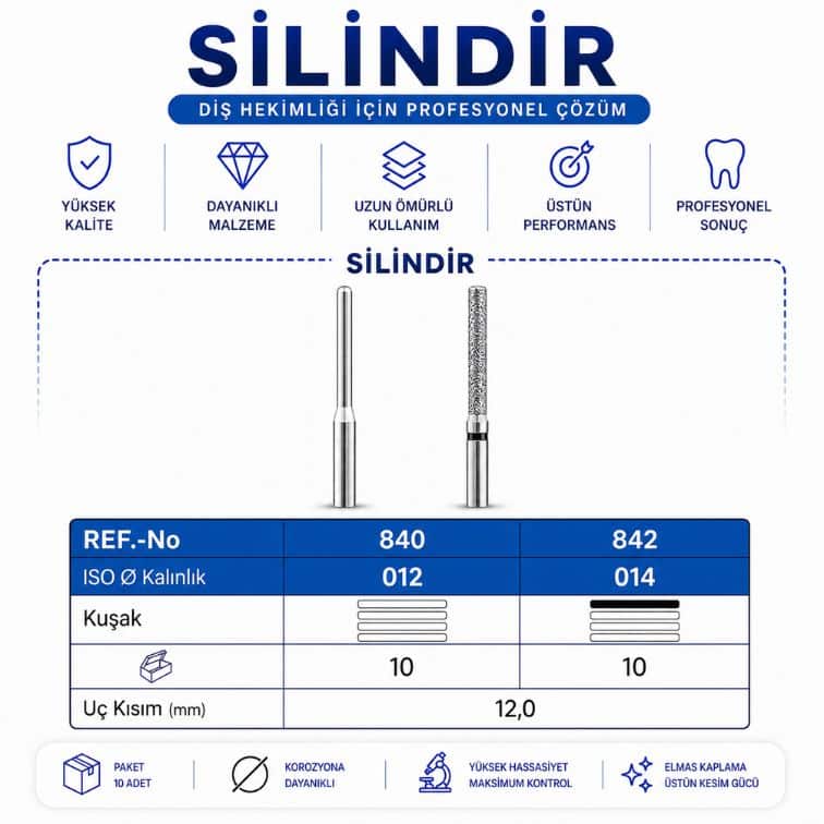 Silindir Elmas Frez 840 842 Uzun Boy Dental Elmas Frez (1 Adet)