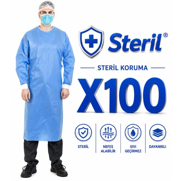 Steril Mavi Cerrahi Önlük – Sıvı Geçirmez SMS Kumaş (100 Adet)