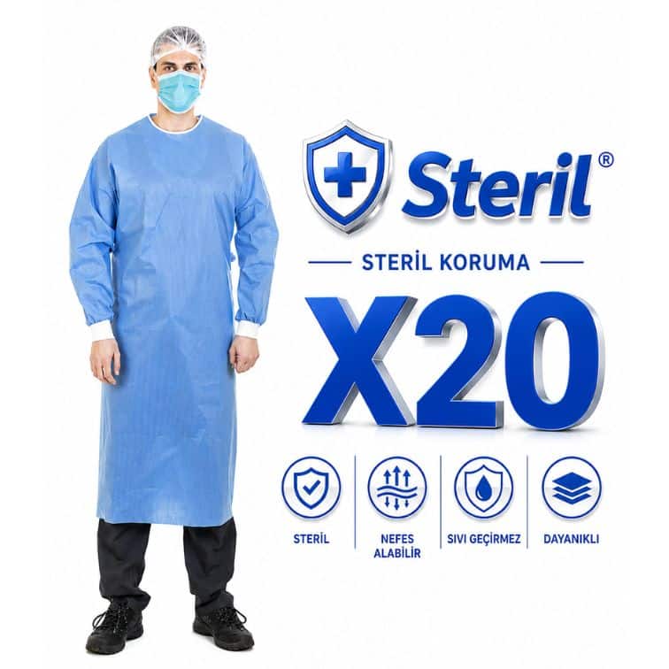 Steril Mavi Cerrahi Önlük – Sıvı Geçirmez SMS Kumaş (20 Adet)
