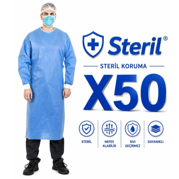 Steril Mavi Cerrahi Önlük – Sıvı Geçirmez SMS Kumaş (50 Adet)