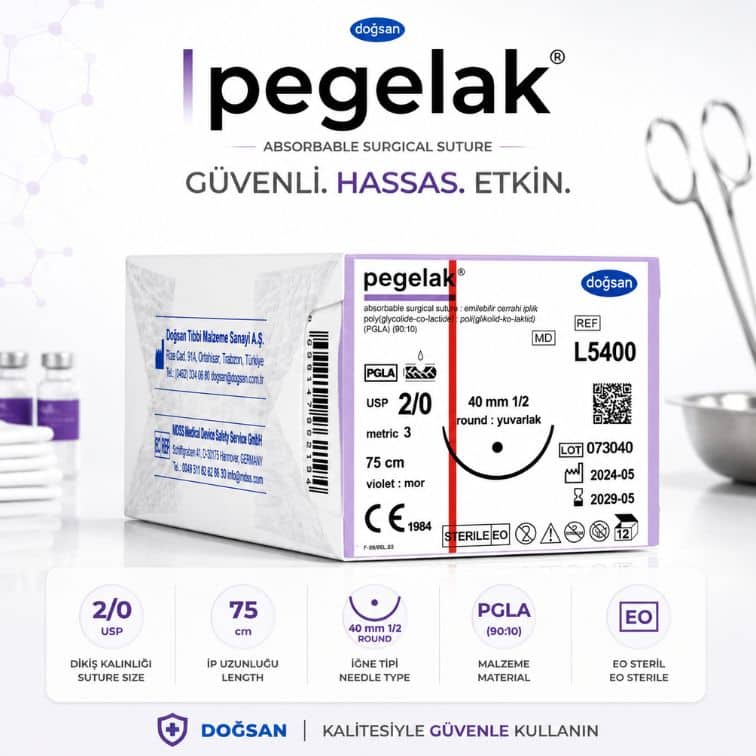 DOĞSAN Pegelak® Cerrahi Sütür | REF: L5400  Emilebilir PGLA Cerrahi Dikiş İpliği | USP 2/0 | 75 cm | 40 mm 1/2 Yuvarlak